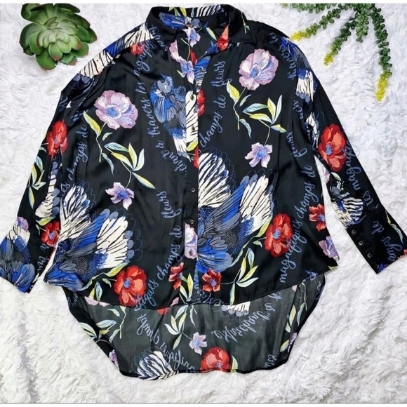 Free People Sz M Black Colorful Oversized Hawaiian Tropical Bird Shirt Tunic Top - Picture 12 of 14